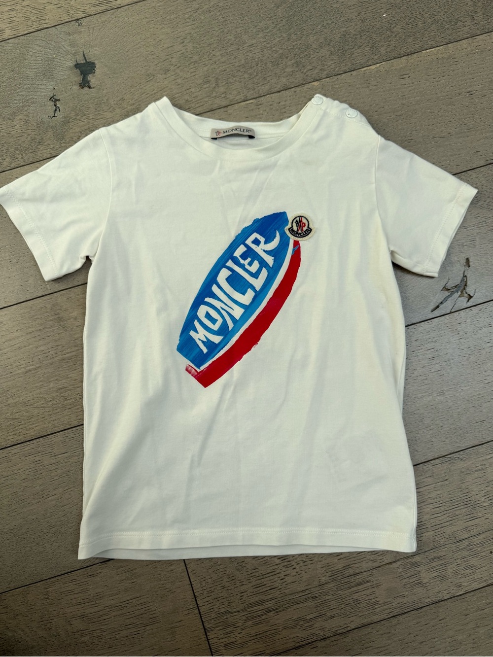 Moncler White Tee with Blue and Red Logo Graphic